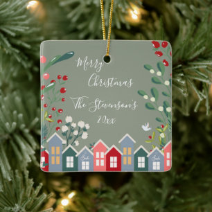 Merry Christmas Personalized Name Floral Green Ceramic Ornament