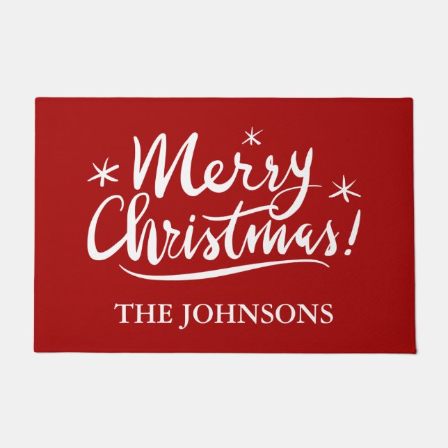 Merry Christmas personalized name red Holiday Doormat (Front)