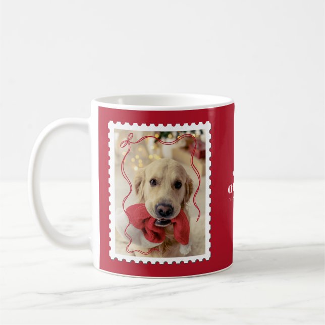 Merry Christmas Personalized Pet Photo Red White Coffee Mug (Left)