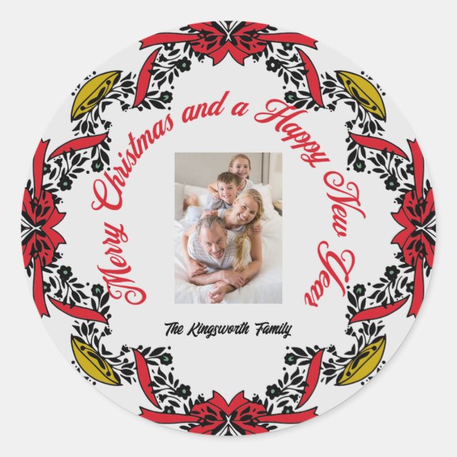 Merry Christmas personalized photo red green Classic Round Sticker (Front)