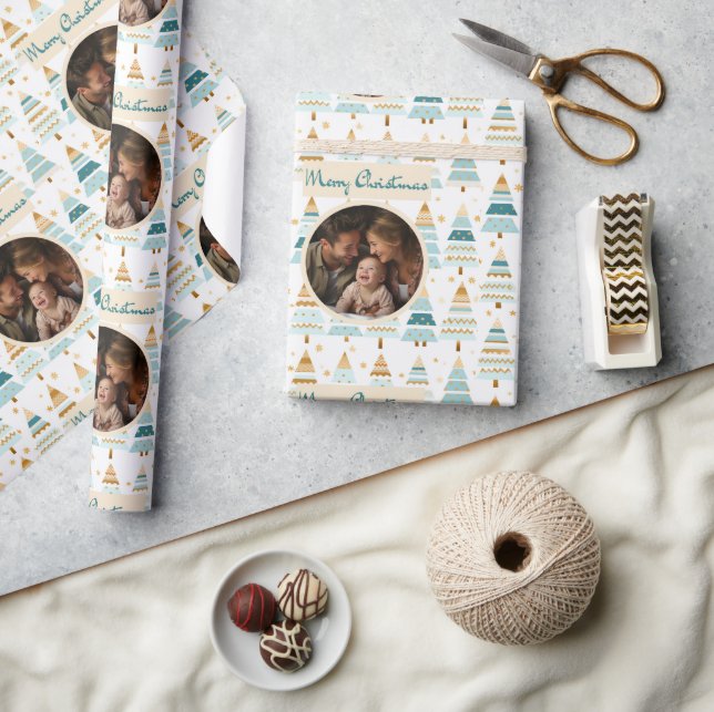 Merry Christmas Personalized Photo Trees pattern Wrapping Paper (Crafts)