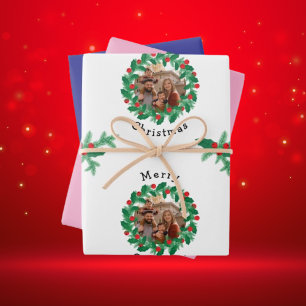 Merry Christmas Personalized Photo Wrapping Paper Sheet