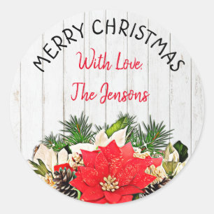 Merry Christmas Personalized Poinsettia Classic Round Sticker
