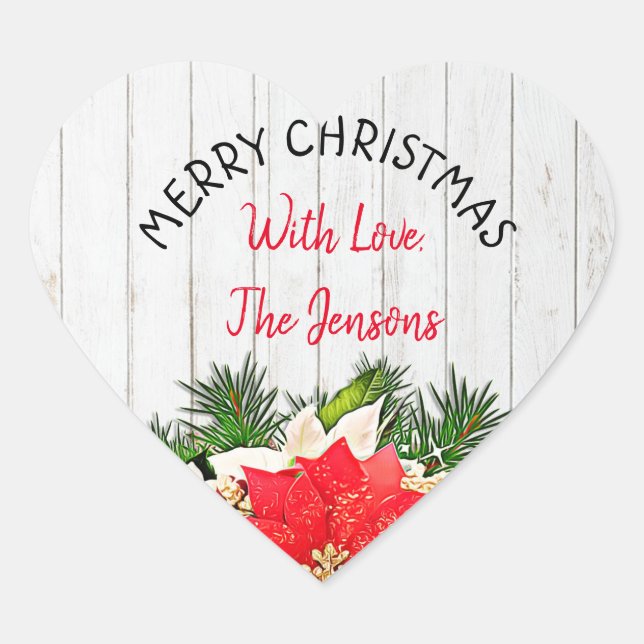 Merry Christmas Personalized Poinsettia Heart Sticker (Front)
