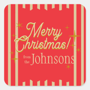 Merry Christmas Personalized Red Gold Stripe Square Sticker