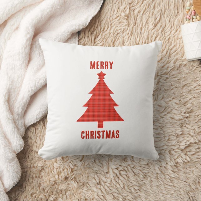 Merry Christmas Personalized Red Plaid Throw Pillow (Blanket)