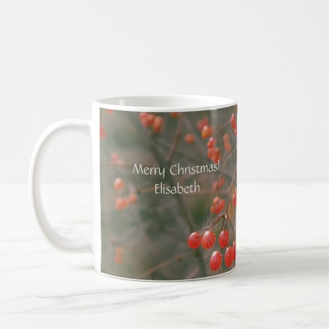 Merry Christmas Personalized Sparkling Red Berries Coffee Mug (Left)