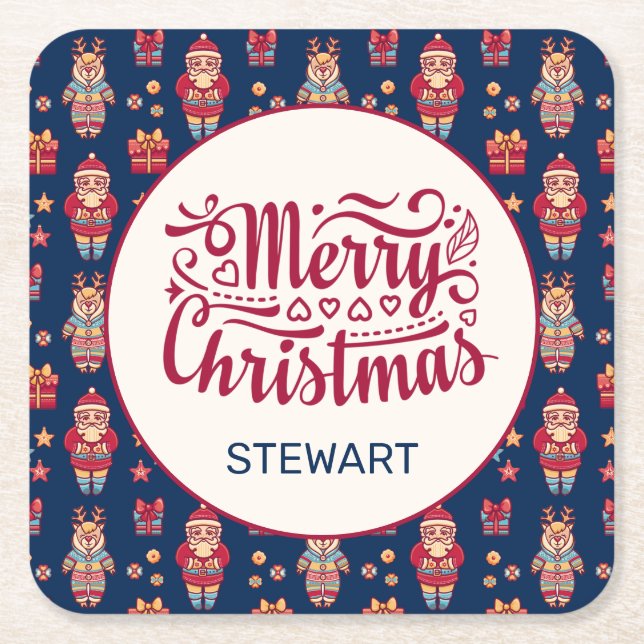 Merry Christmas Personalized Square Paper Coaster (Front)