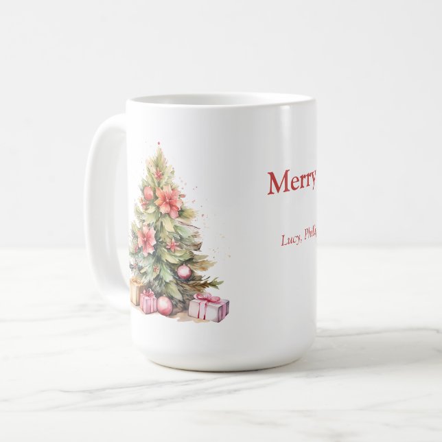 Merry Christmas Personalized Text Christmas Tree Coffee Mug (Front Left)