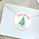 Merry Christmas Personalized Watercolor Classic Round Sticker<br><div class="desc">Pretty watercolor Christmas tree personalized holiday stickers. Wishing you a Merry Christmas/</div>