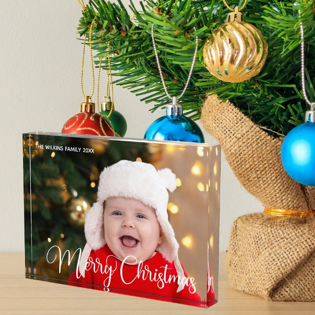 Merry Christmas Personalized White Script Baby Photo Block (Creator Uploaded)