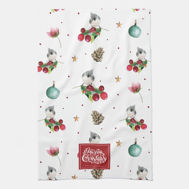 Merry Christmas Personalized Winter Bird Pattern Kitchen Towel (Vertical)
