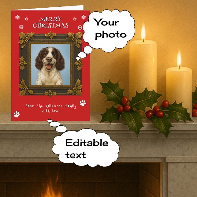 Merry Christmas pet photo red Holiday Card (Fully customizable)