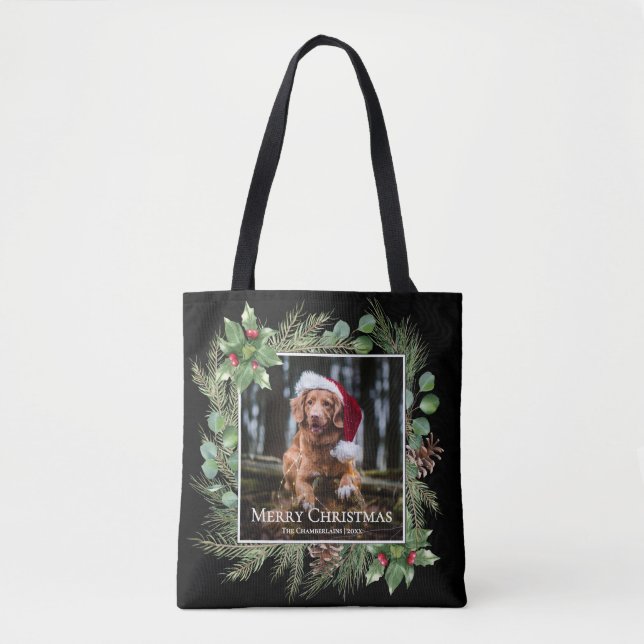 Merry Christmas Pet Photo Wreath Greenery  Tote Bag (Front)