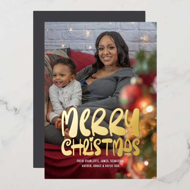 Merry Christmas Photo and Text Personalized Foil Holiday Card (Front/Back)