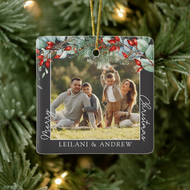 Merry Christmas Photo and Watercolor Holly Grey Ceramic Ornament (Tree)