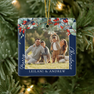 Merry Christmas Photo and Watercolor Holly Navy Ceramic Ornament