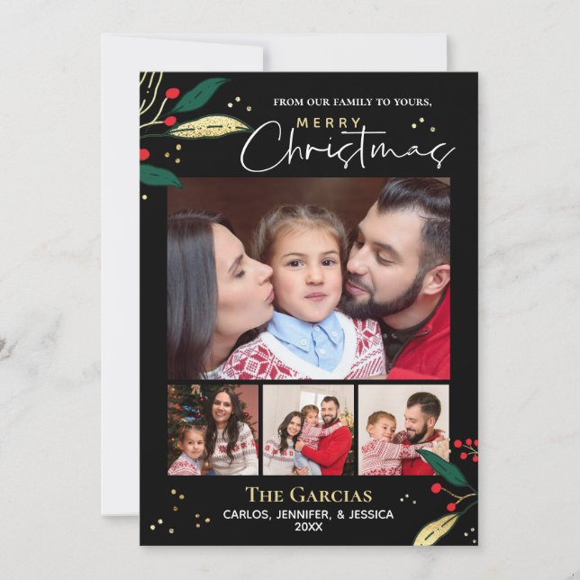 Merry Christmas Photo Black Red Gold Greenery Holiday Card (Front)