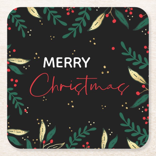 Merry Christmas Photo Black Red Gold Greenery Square Paper Coaster (Front)