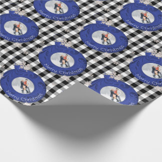 Merry Christmas Photo Blue Black & White Plaid Wrapping Paper