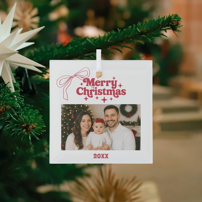 Merry Christmas photo bow red hand-drawn retro Glass Ornament (Creator Uploaded)