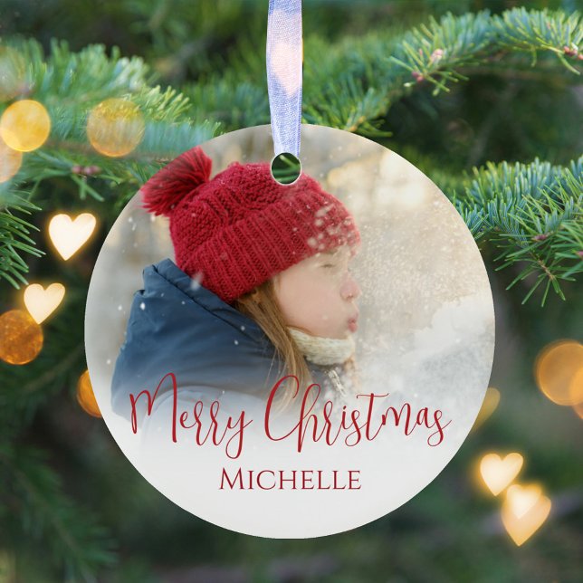 Merry Christmas Photo Calligraphy Green Red Plaid Ceramic Ornament (Merry Christmas with a whimsical stylish calligraphy script ceramic circle ornament. )