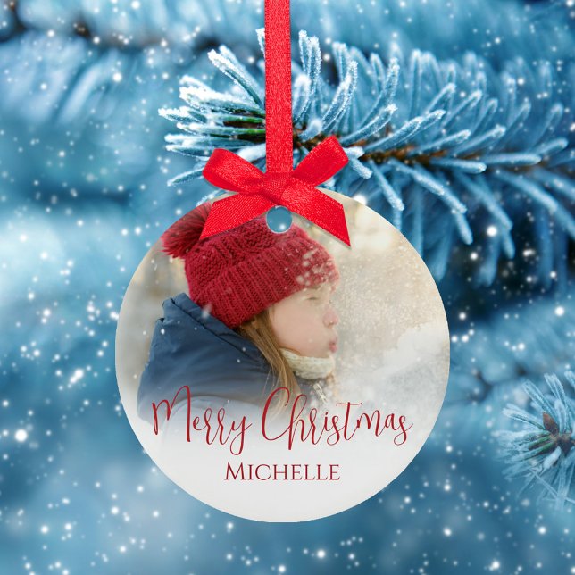 Merry Christmas Photo Calligraphy Red Green Plaid Ceramic Ornament (Merry Christmas with a whimsical stylish calligraphy script ceramic circle ornament. )