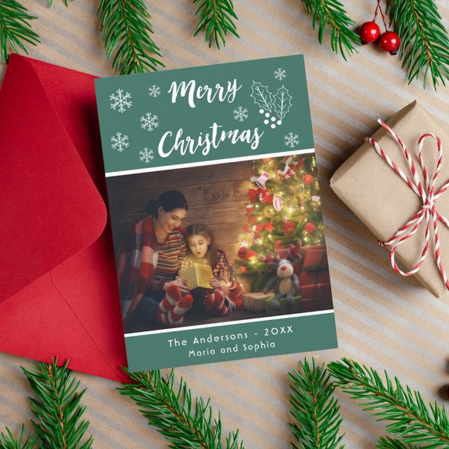 Merry Christmas photo card green and white script (Creator Uploaded)