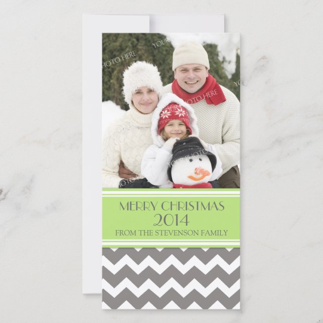 Merry Christmas Photo Card Green Grey Chevron (Front)