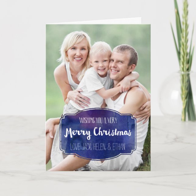 Merry Christmas Photo Card Navy Blue Watercolor (Front)