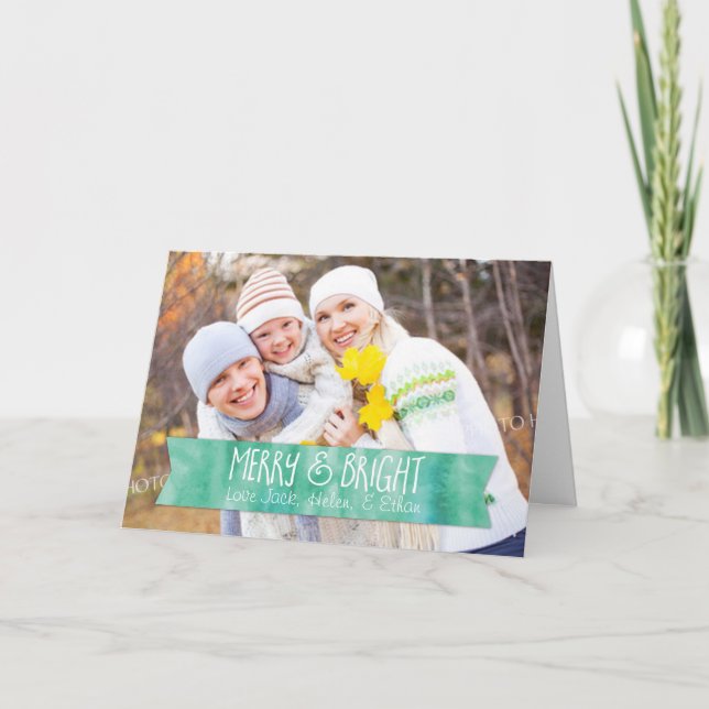 Merry Christmas Photo Card Teal Watercolor (Front)