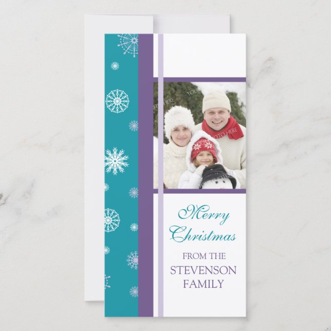 Merry Christmas Photo Card Turquoise Snowflakes (Front)