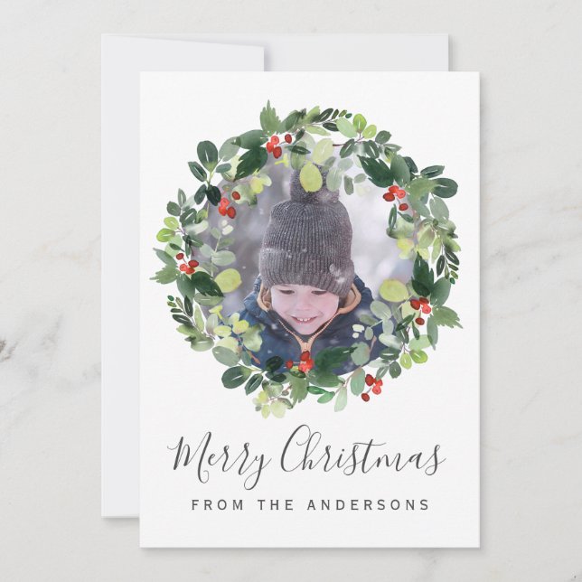 Merry Christmas Photo Card with Christmas Wreath (Front)