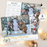 Merry Christmas Photo Collage 2025 Calendar  Holiday Card<br><div class="desc">Elegant 2024 holiday greeting card featuring a faux gold MERRY CHRISTMAS title in a modern hand lettered calligraphy script and gold Christmas tree decorations with a photo collage of 4 pictures on the front and the back features one photo and a 2025 year-at-a-glance calendar for family and friends' use throughout...</div>