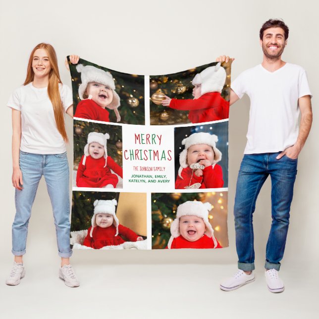 Merry Christmas Photo Collage Beautiful Red Green Fleece Blanket (In Situ)