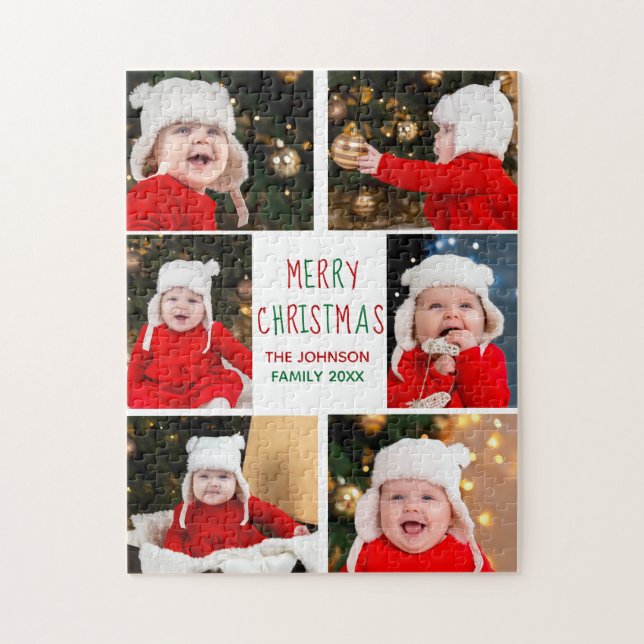 Merry Christmas Photo Collage Beautiful Red Green Jigsaw Puzzle (Vertical)