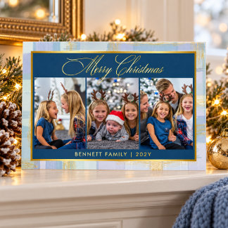 Merry Christmas Photo Collage Blue & Gold Foil Holiday Card