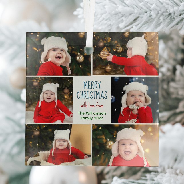 Merry Christmas Photo Collage Cute Custom Gift Glass Ornament (Creator Uploaded)