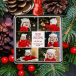 Merry Christmas Photo Collage Cute Personalized Metal Ornament<br><div class="desc">This cute personalized Merry Christmas ornament features a classy layout of 6 family photos on a white background with pretty red and green typography. This beautiful kids photo holiday decor gift features your own child's photograph collage surrounding your festive message and family name in red.</div>