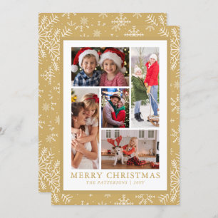 Merry Christmas Photo Collage Gold Snowflake Holiday Card