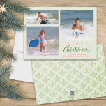 Merry Christmas Photo Collage Green Holiday Card<br><div class="desc">Fleur de Lis pattern on the backside of this card with a light green background. Photo placement on the front side. This design features a merry Christmas, photo collage card, with an elegant simple, a classic traditional, green, with brush script typography, minimalist, and simple fleur de Lis, botanical, holiday photo...</div>