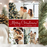 Merry Christmas Photo Collage Holiday Card<br><div class="desc">This fabulous 3 photo holiday card with "Merry Christmas!" in a modern script font and your family name and year in a clean crisp traditional cap font both in white on red with a matching back is perfect for sending to your family and friends. Everyone will love getting new photos...</div>