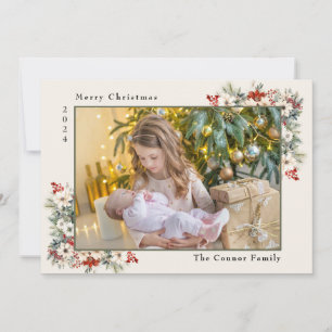 Merry Christmas Photo Collage Poinsettias Holiday Card