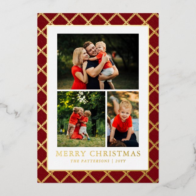 Merry Christmas Photo Collage Red Check Foil Holiday Card (Front)