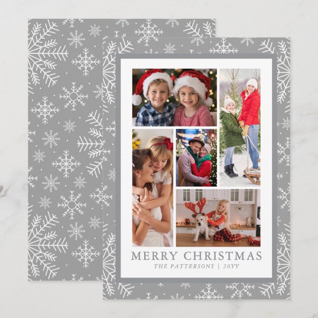 Merry Christmas Photo Collage Silver Snowflake Holiday Card (Front/Back)