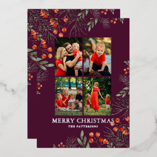 Merry Christmas Photo Collage Watercolor Floral Foil Holiday Card