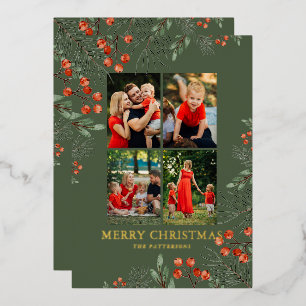 Merry Christmas Photo Collage Watercolor Floral Foil Holiday Card