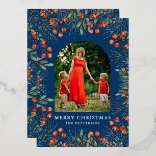 Merry Christmas Photo Collage Watercolor Floral Foil Holiday Card