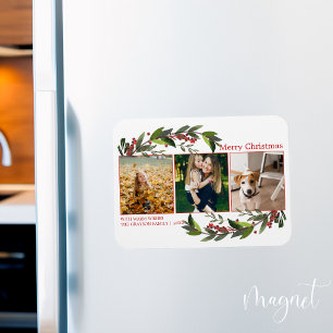 Merry Christmas Photo Collage Watercolor Florals Magnet
