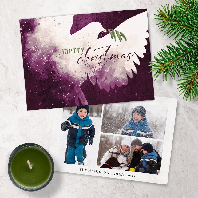 Merry Christmas Photo Dove Magenta Green Holiday Card (Creator Uploaded)